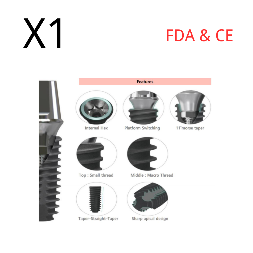 (1pcs) Dental Implant Fixture Core 1, Int. Hex 2.42, SLA Surface, Titanium, Sterile