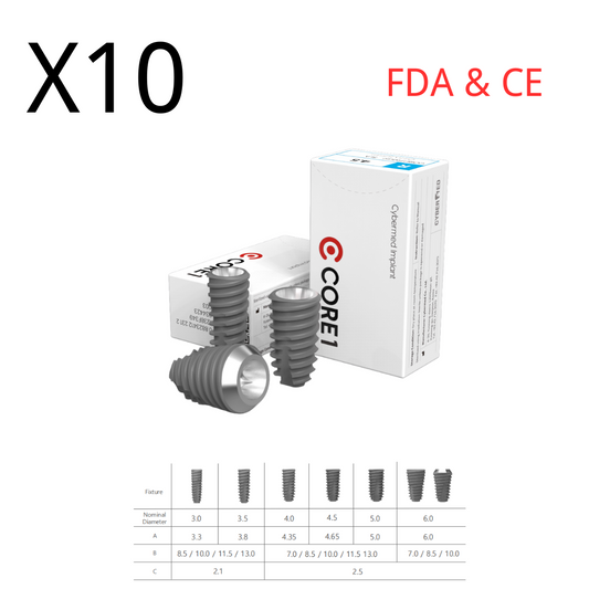 (10pcs) Dental Implant Fixture Core 1, Int. Hex 2.42, SLA Surface, Titanium, Sterile