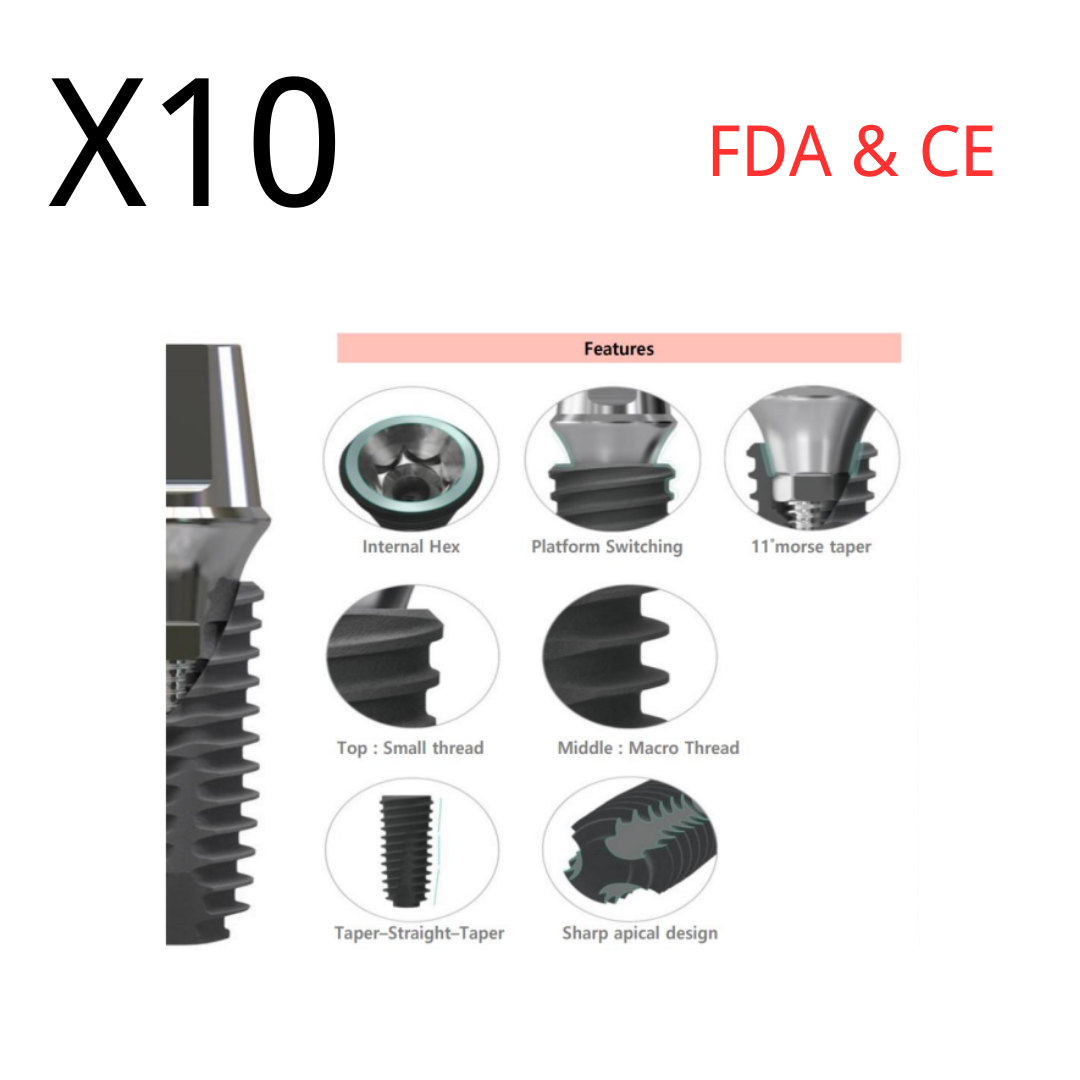 (10pcs) Dental Implant Fixture Core 1, Int. Hex 2.42, SLA Surface, Titanium, Sterile