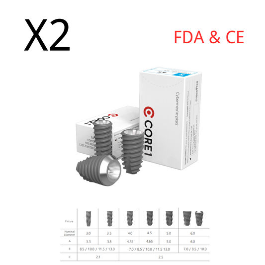 (2pcs) Dental Implant Fixture Core 1, Int. Hex 2.42, SLA Surface, Titanium, Sterile
