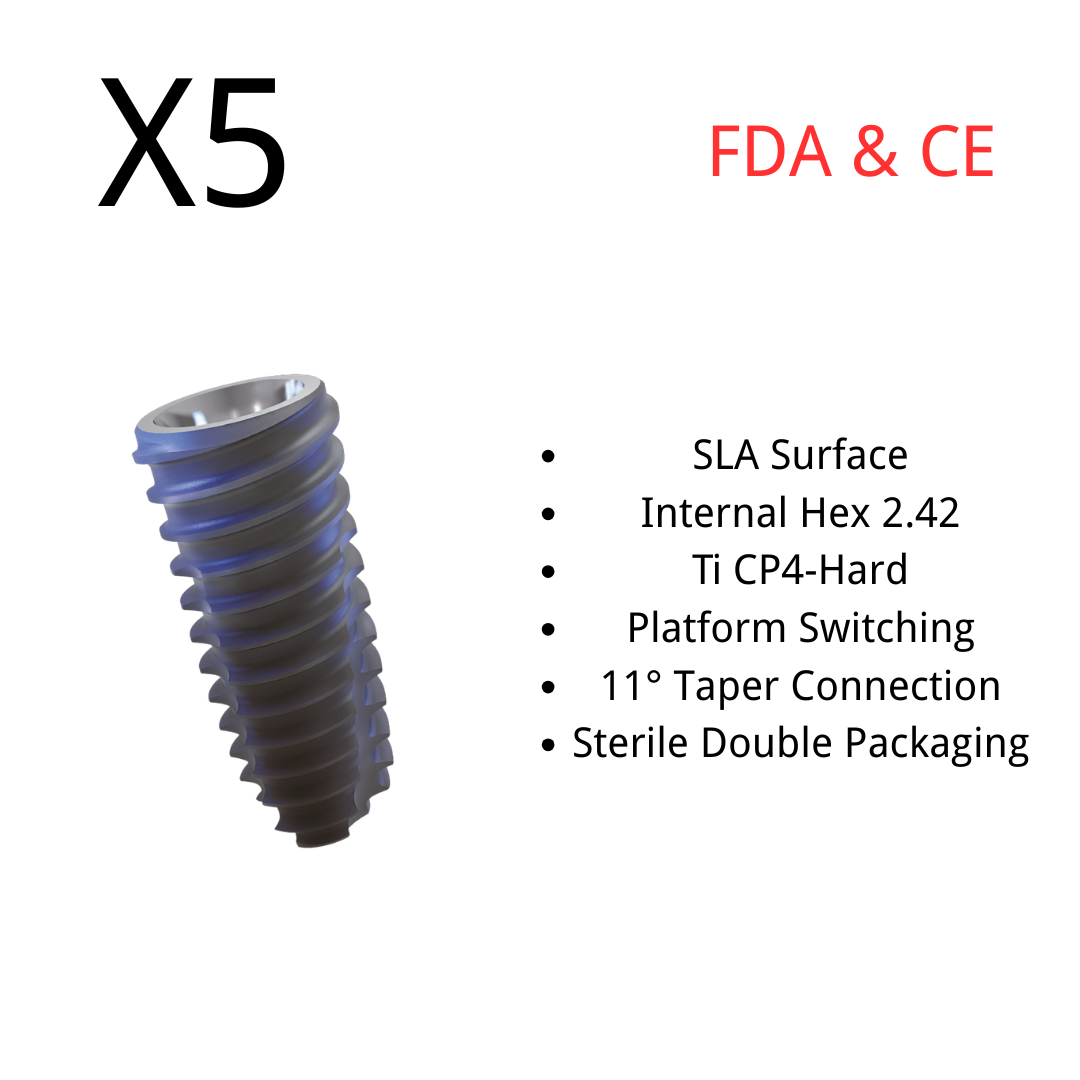 (5pcs)Dental Fixture Core 1, Int. Hex 2.42, SLA Surface, Titanium, Sterile