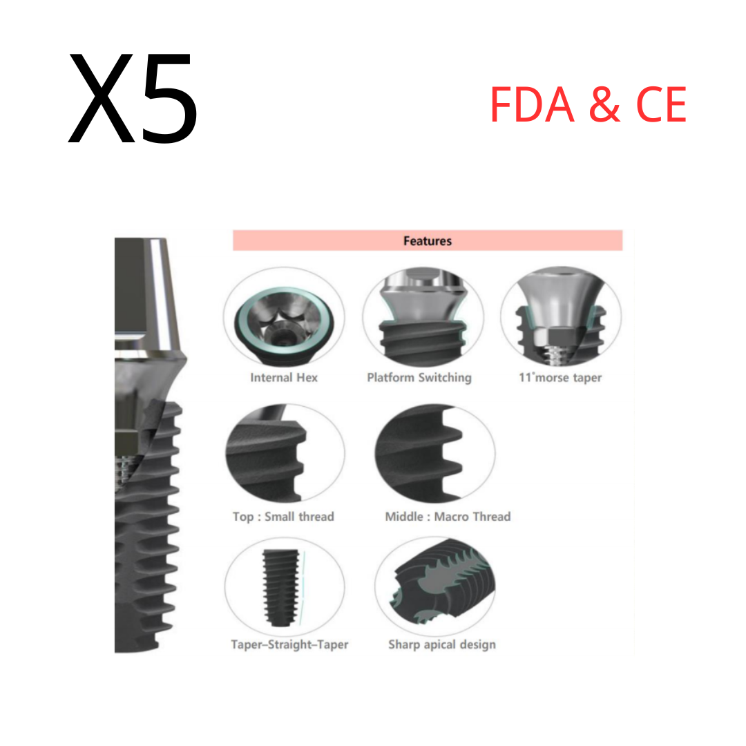 (5pcs)Dental Fixture Core 1, Int. Hex 2.42, SLA Surface, Titanium, Sterile