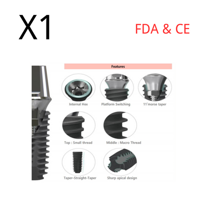 (1pcs) Dental Implant Fixture Core 1, Int. Hex 2.42, SLA Surface, Titanium, Sterile