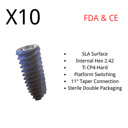 (10pcs) Dental Implant Fixture Core 1, Int. Hex 2.42, SLA Surface, Titanium, Sterile