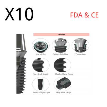 (10pcs) Dental Implant Fixture Core 1, Int. Hex 2.42, SLA Surface, Titanium, Sterile