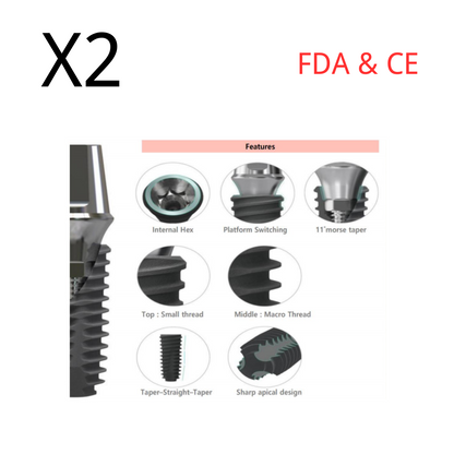 (2pcs) Dental Implant Fixture Core 1, Int. Hex 2.42, SLA Surface, Titanium, Sterile