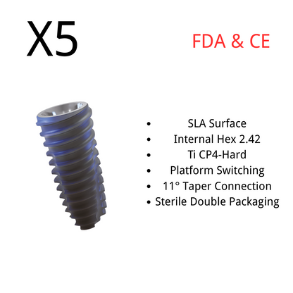 (5pcs)Dental Fixture Core 1, Int. Hex 2.42, SLA Surface, Titanium, Sterile